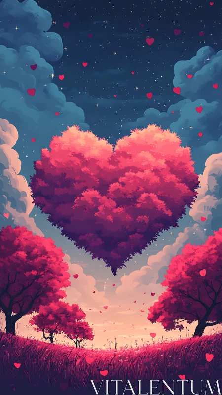 Digital landscape with massive heart-shaped cloud formation amid pink trees
