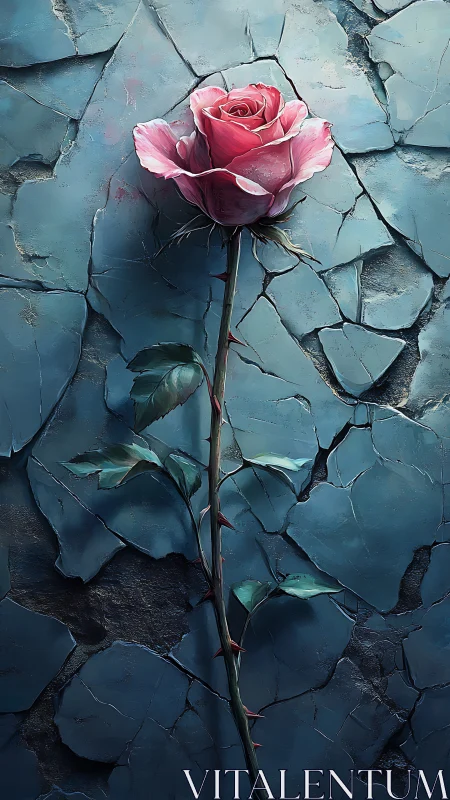 Solitary pink rose stands against fractured blue stone wall