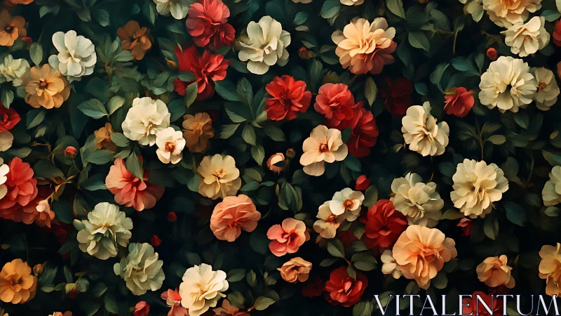 Vintage Floral Garden. Roses bloom layered dark backdrop.