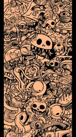 Dense vertical doodle composition displays clustered skull motifs