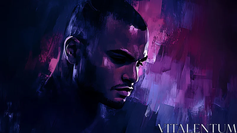 Digital portrait of male profile in blue and magenta light.