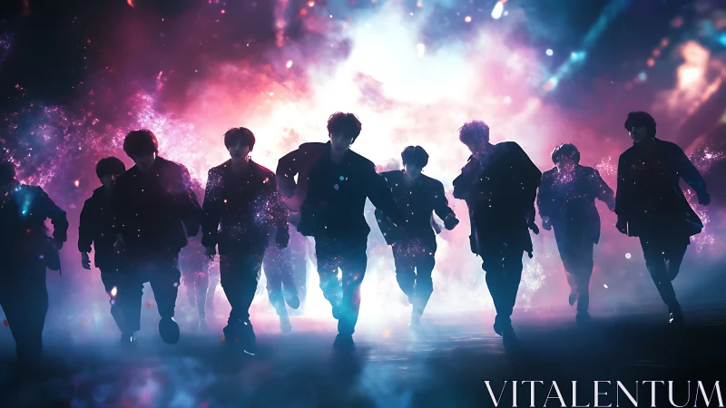 Digital painting silhouettes in cosmic gradient backlit void.