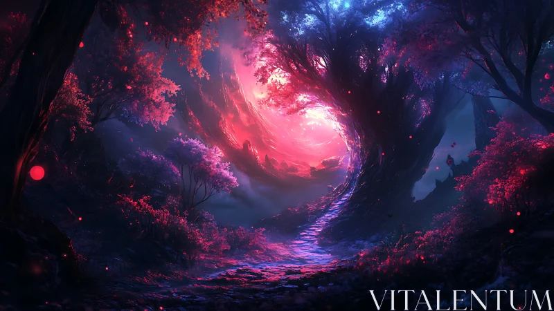 Enchanted forest path curves toward glowing celestial vortex