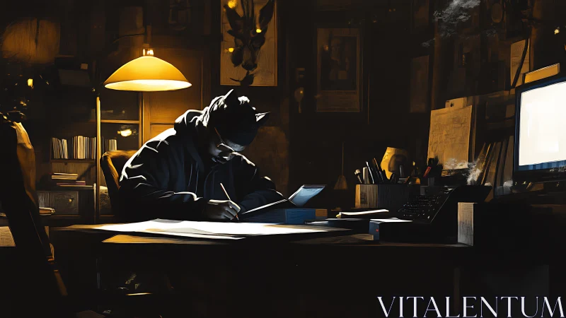 Focused man writing at dimly lit desk in dark office
