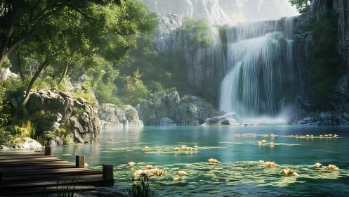 Tranquil waterfall cove with lotus pond and wooden dock.