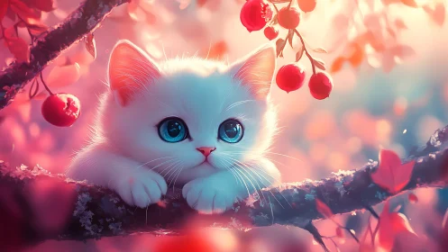 White Cat with Blue Eyes Among Glowing Red Berries