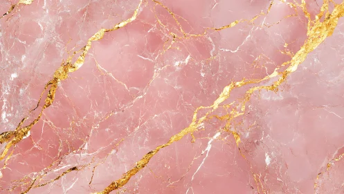 Polished pink marble slab with intricate golden quartz veining