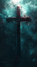 Shimmering cross emerging from stormy teal heavens.