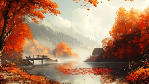 Mountain lake landscape shows vivid autumn trees and bridge