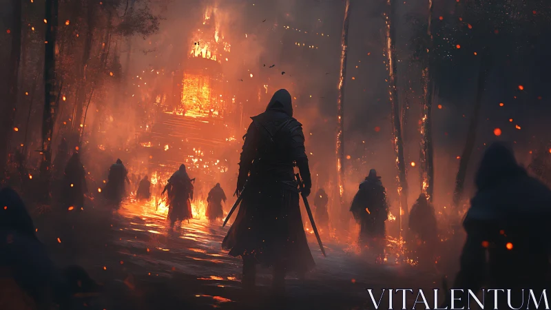 Digital painting of hooded figures advancing on burning fortress.