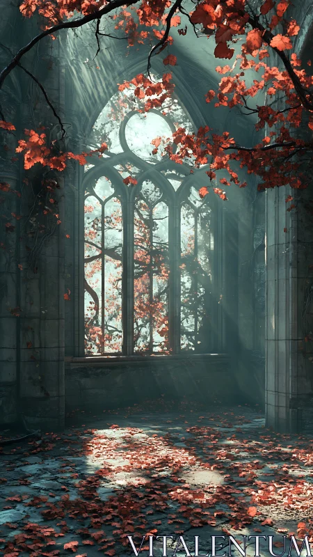 Autumn light flooding abandoned gothic chapel interior.