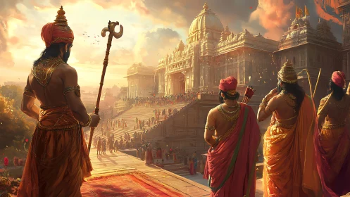 Sunlit temple procession viewed from royal sandstone terrace.