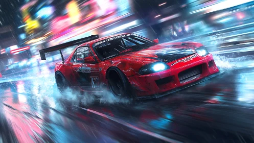 Neon rain ignites a red drift car streaking through night