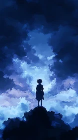 Silhouetted wanderer stands beneath a storm-bright sky