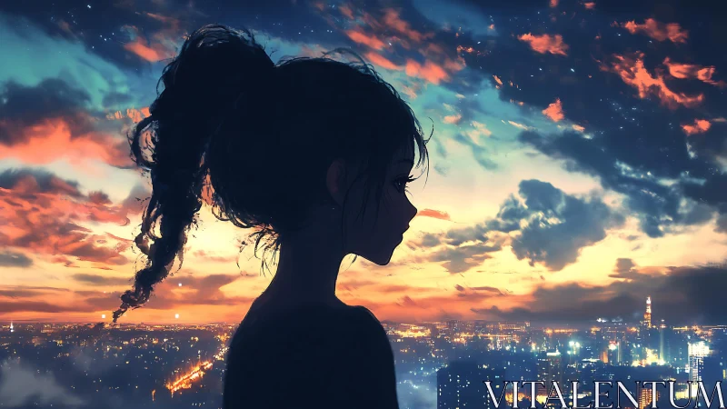 Silhouetted girl above luminous city at blazing dusk sky.