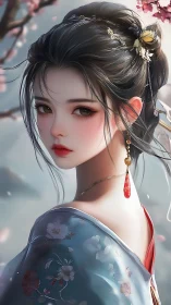 Elegant kimono portrait under soft sakura daylight.