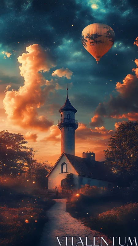 Twilight cottage and tower glow under a dreamy hot air balloon