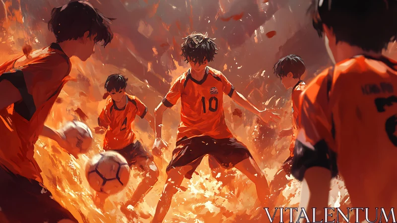 Fiery soccer match pulses with energetic anime teamwork