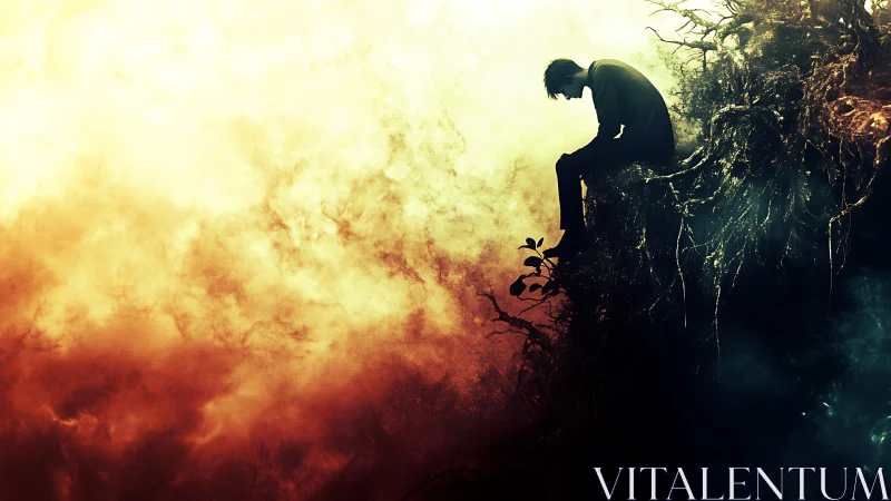 Silhouetted figure on cliff edge against fiery storm sky.