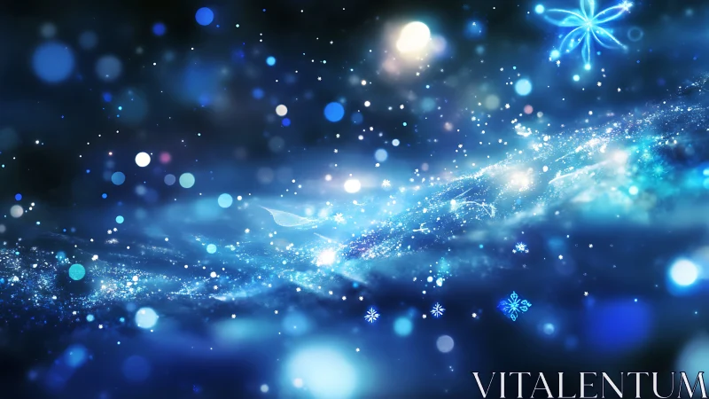 Abstract blue winter lights with snowflake highlights.