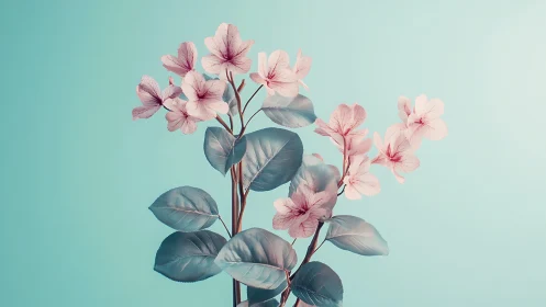 Pale pink floral stems against uniform cyan backdrop.