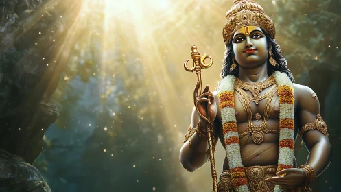 3D devotional deity portrait with radiant forest backlight.