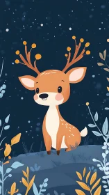 Stylized cartoon fawn with decorative antlers in night forest
