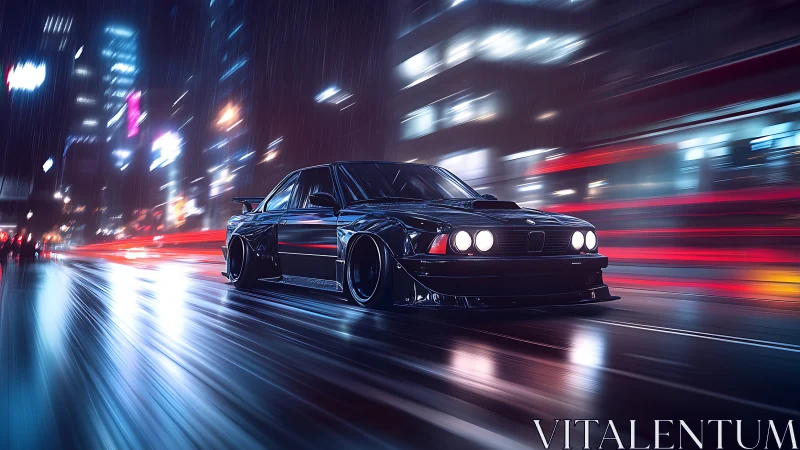 Midnight tuner coupe races through neon soaked city streets.