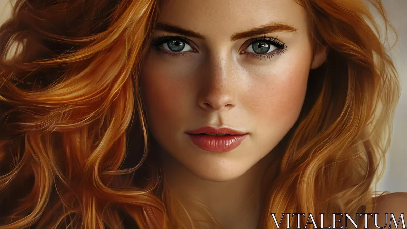 Close-up digital portrait of woman with red wavy hair.