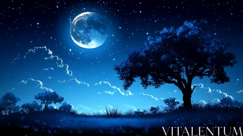 Moonlit tree dominates luminous blue night landscape