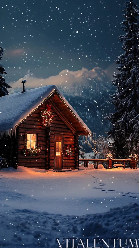 Snowfall over rustic cabin with warm festive glow.