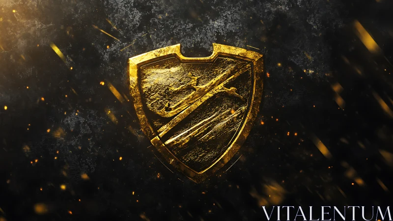 Golden shield emblem glows amid dark ember storm.