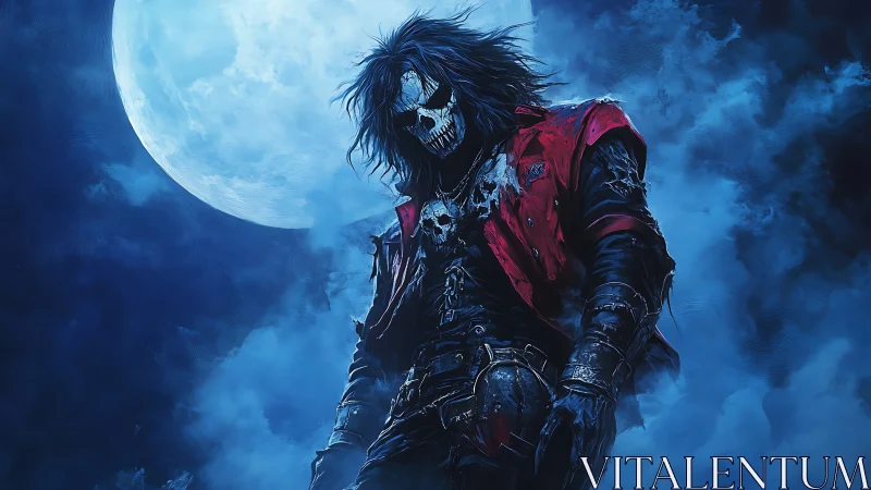 Moonlit bone-jester stalks the storm-lit midnight sky