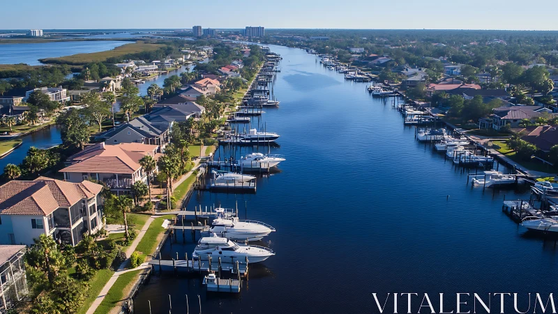 Sunny waterfront neighborhood with boats at peaceful docks.