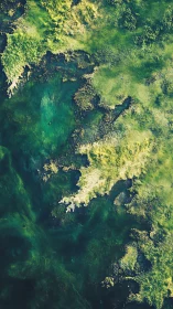 Aerial view of coastal shallows with algae and rocky patches.