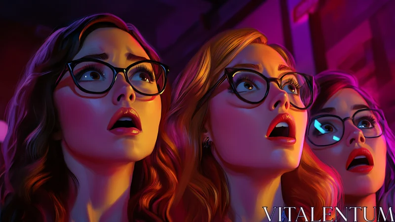 Digital painting portrait triptych of shocked women in neon lighting.