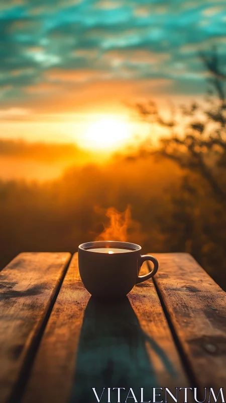 Sunlit coffee cup on rustic table at glowing dawn horizon.