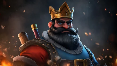 Armored bearded monarch with crown in fiery backdrop.