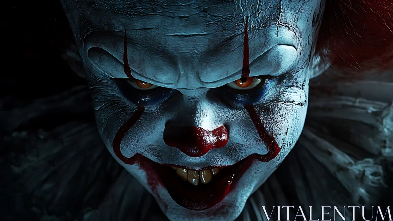 Close-up of sinister clown face with white makeup and glare.