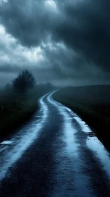 Rain-soaked rural road curves into distant fog under storm clouds