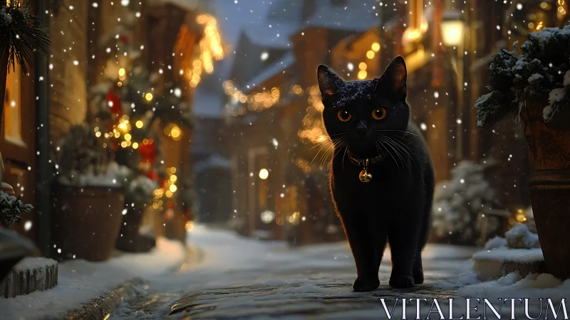 Black Cat in Snow-Covered Christmas Village Street