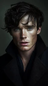 Brooding freckled man in dark coat under moody lighting.