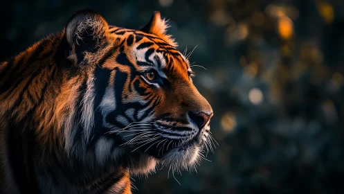 Tiger portrait under warm rim light in dark forest dusk.