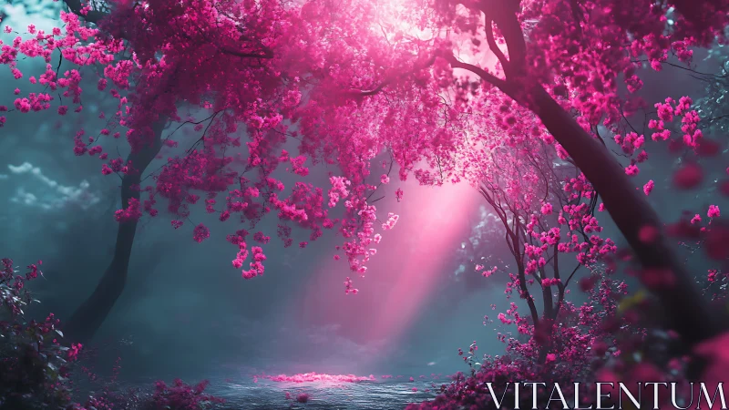 Enchanted cherry blossom glade bathed in rosy dreamlight.