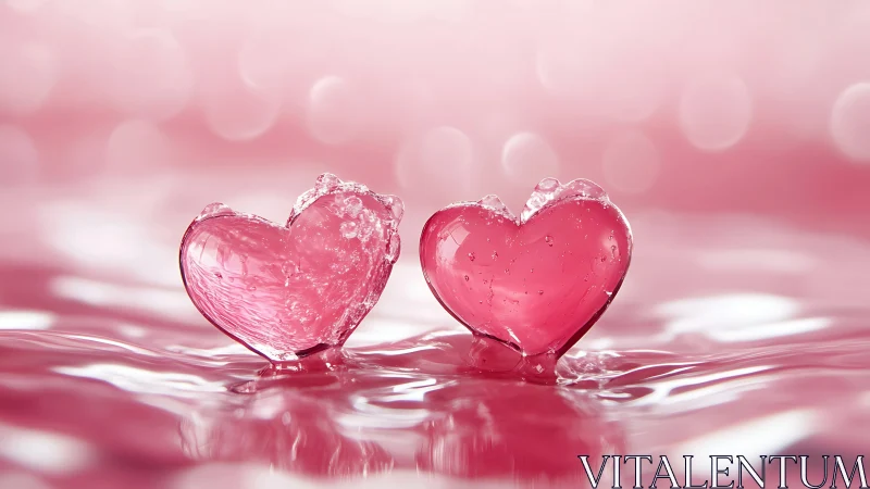 Two Crystalline Pink Hearts Rest on Liquid Surface.