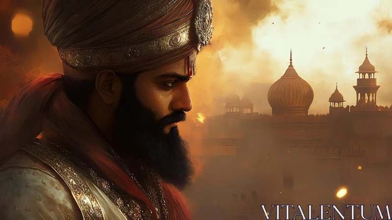 Profile of turbaned figure before domed structures amid haze