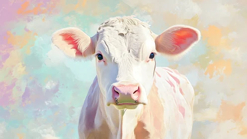 Gentle white cow stands before dreamy pastel sky backdrop.
