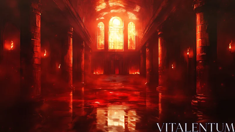 Fiery cathedral hall glows under blazing infernal light.