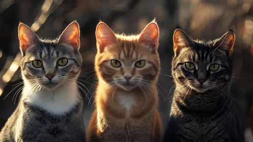 Three Tabby Cats with Backlighting and Golden Hour Illumination