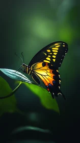Golden butterfly resting softly in serene forest light.